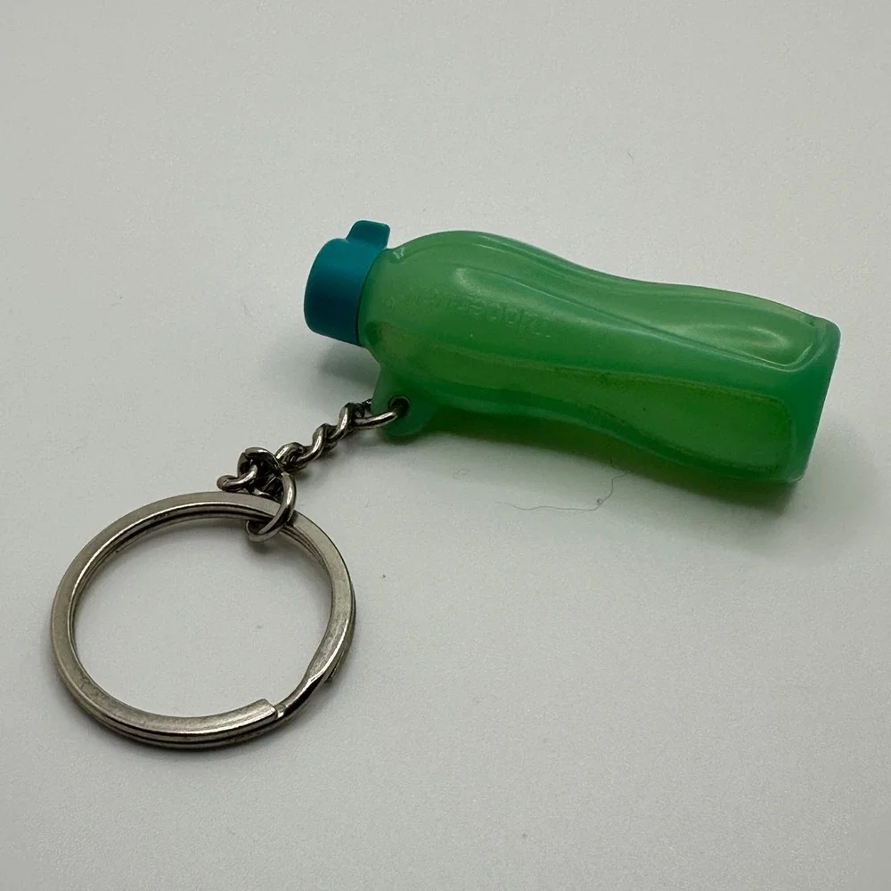 Tupperware Eco Water Bottle Keychain Lime Green Teal Blue Miniature Collectible